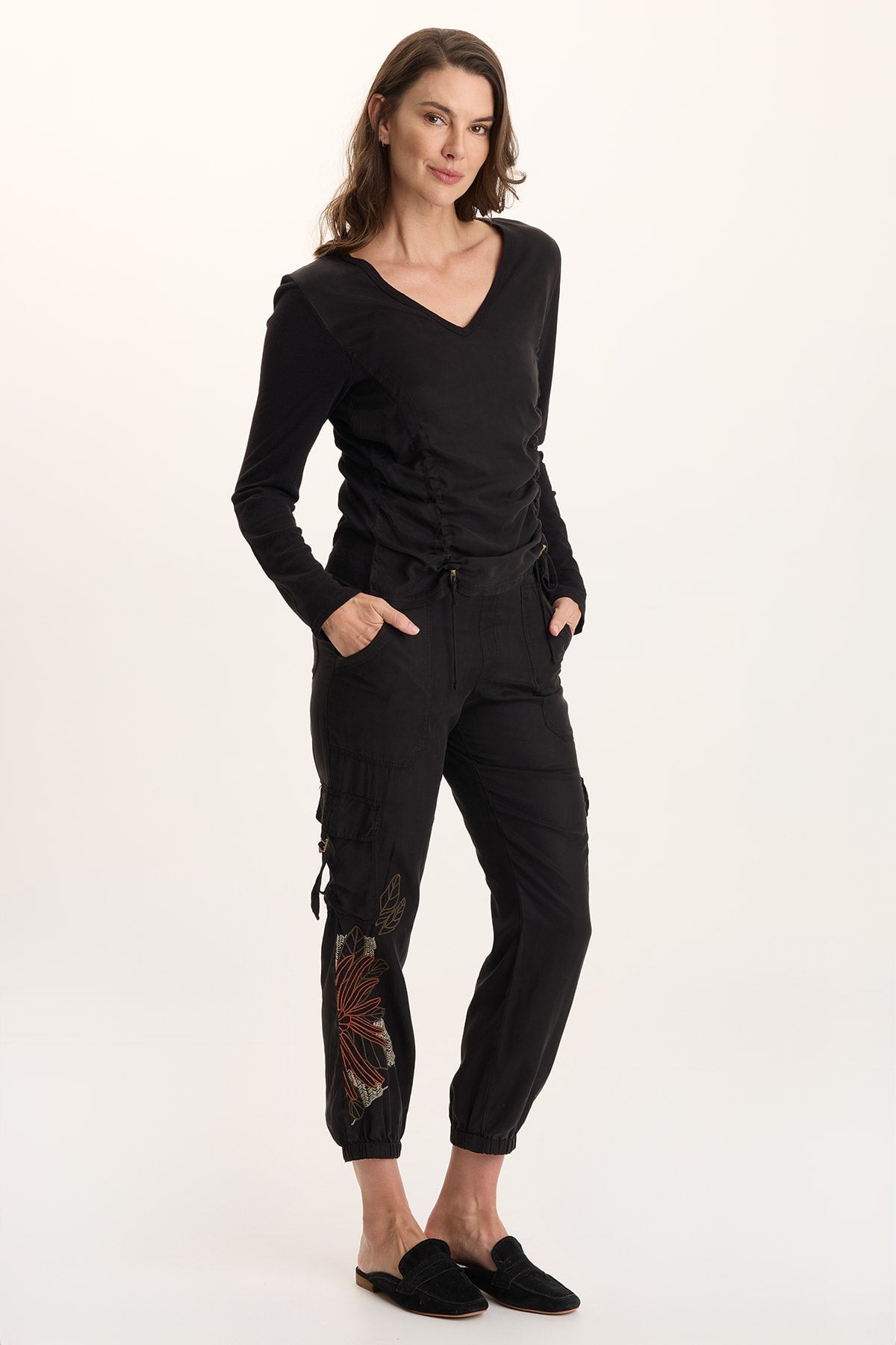 XCVI Ketti Long Sleeve Twill/Jersey Ruched V-Neck 