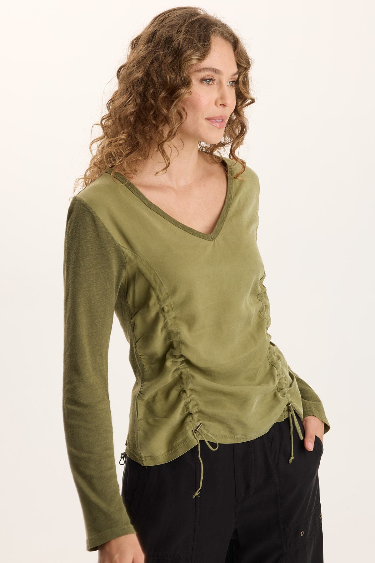 XCVI Ketti Long Sleeve Twill/Jersey Ruched V-Neck 