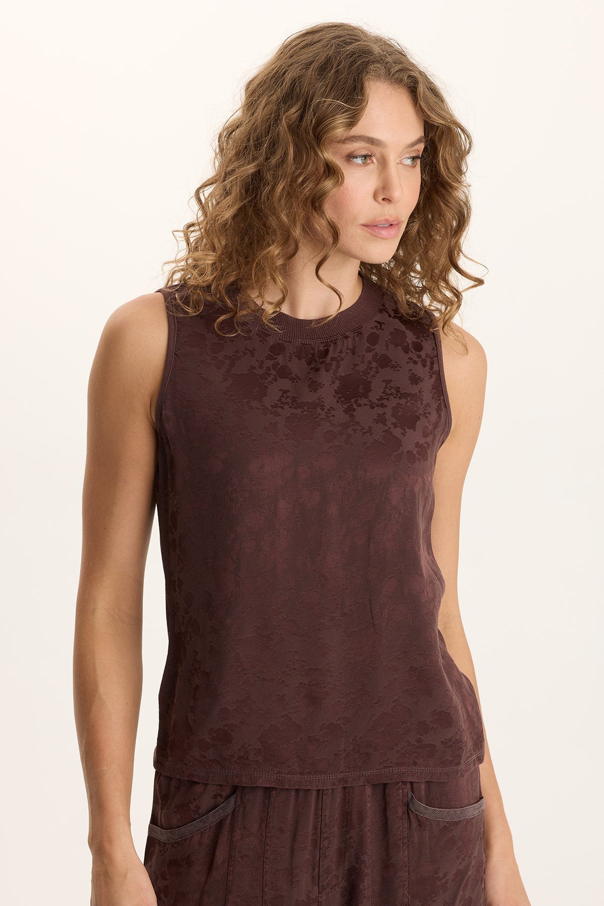 XCVI Mahala Textured Satin Embossed Crew Neck Tank 