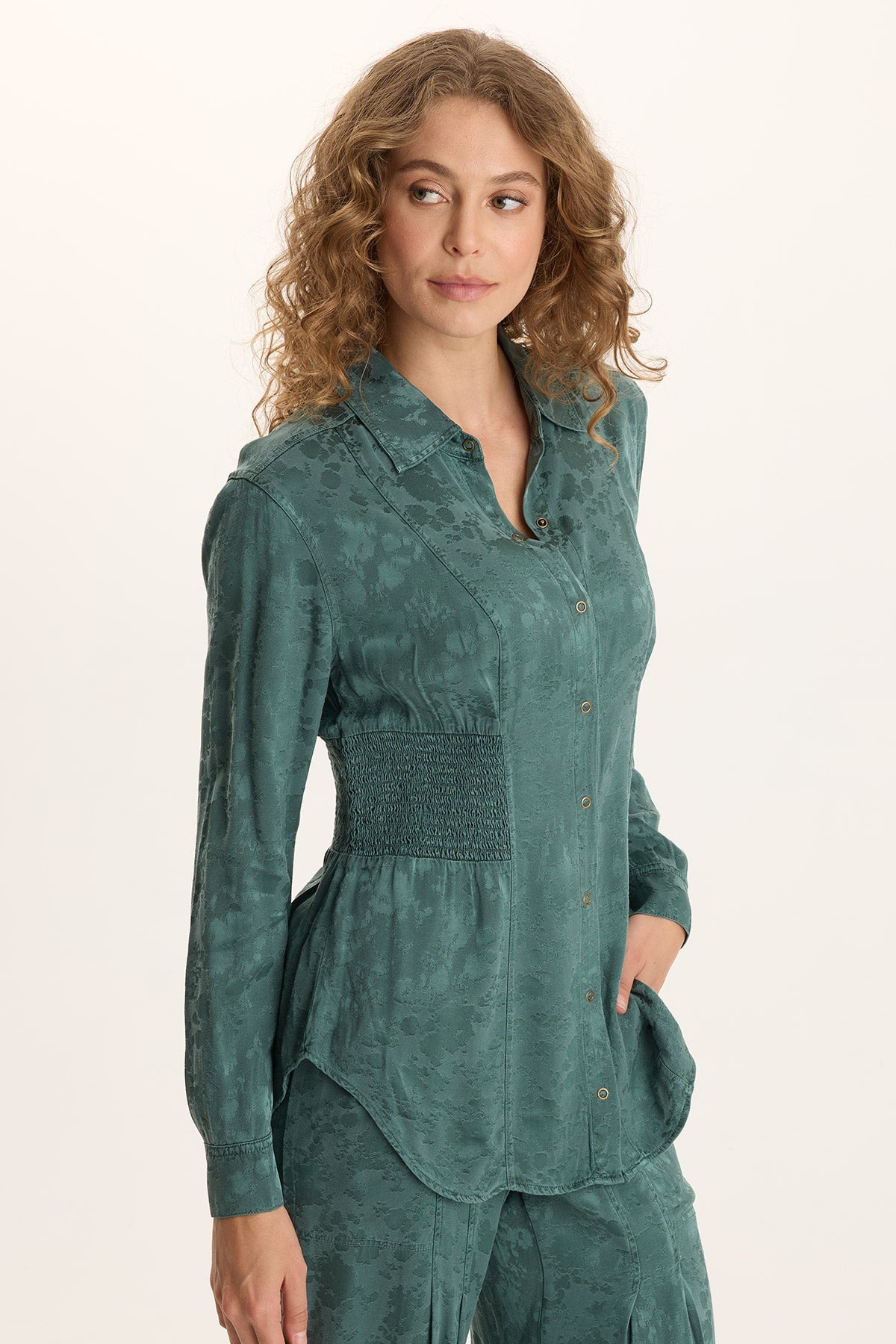 XCVI Senneca Textured Satin Shirred Peplum Button-Up Blouse