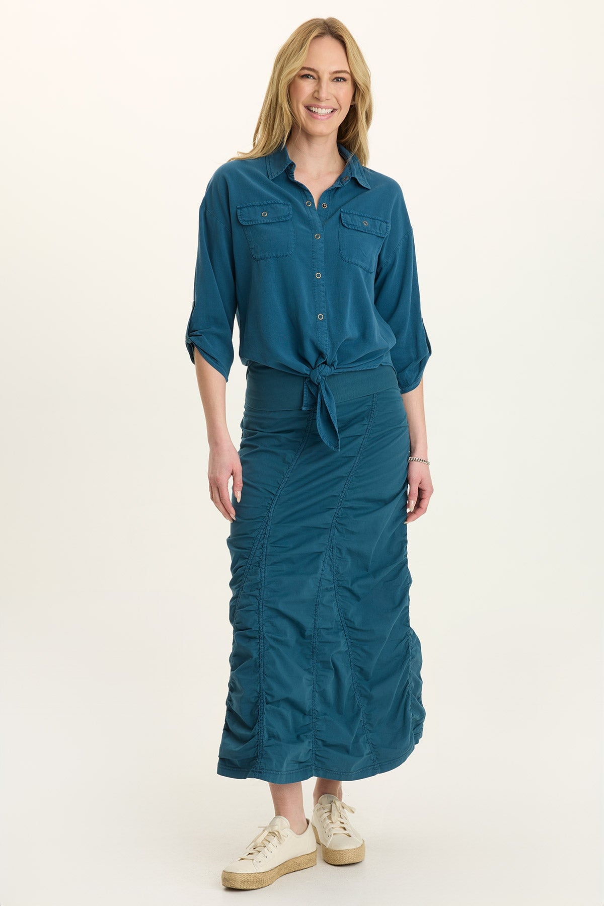 Wearables Poplin Gored Shirred Midi Skirt