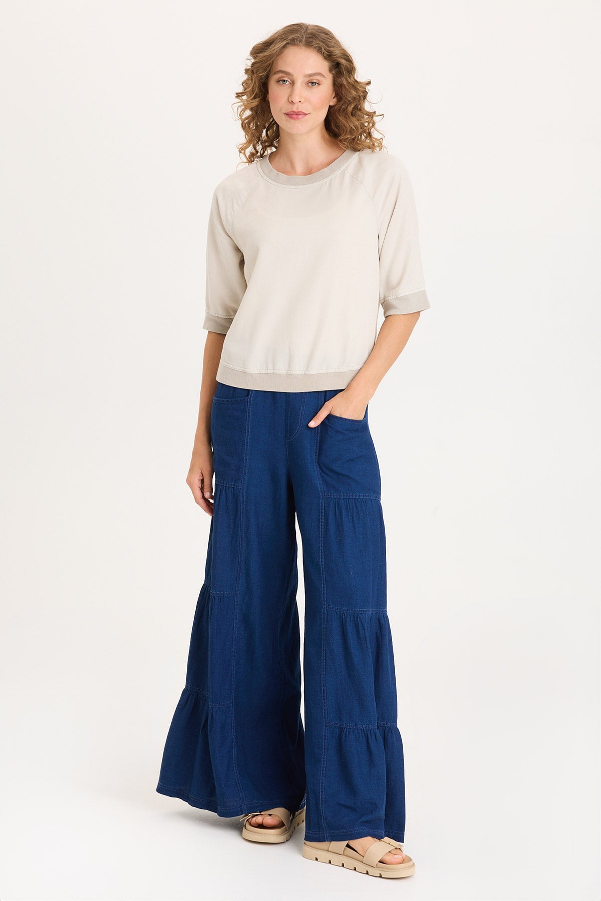 XCVI Dugan Mock-Denim Side Tiered Wide Leg Pant 
