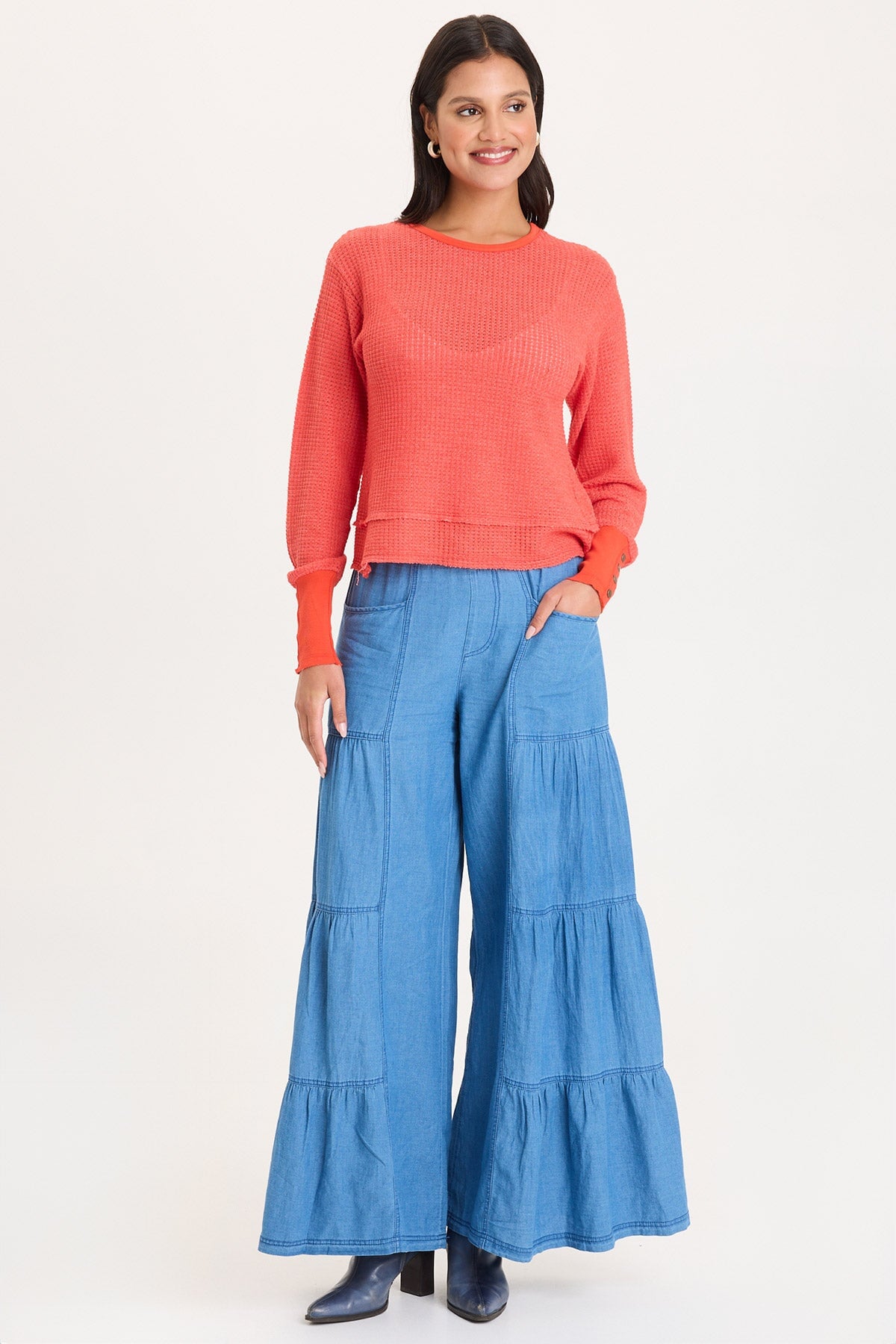 XCVI Dugan Mock-Denim Side Tiered Wide Leg Pant 
