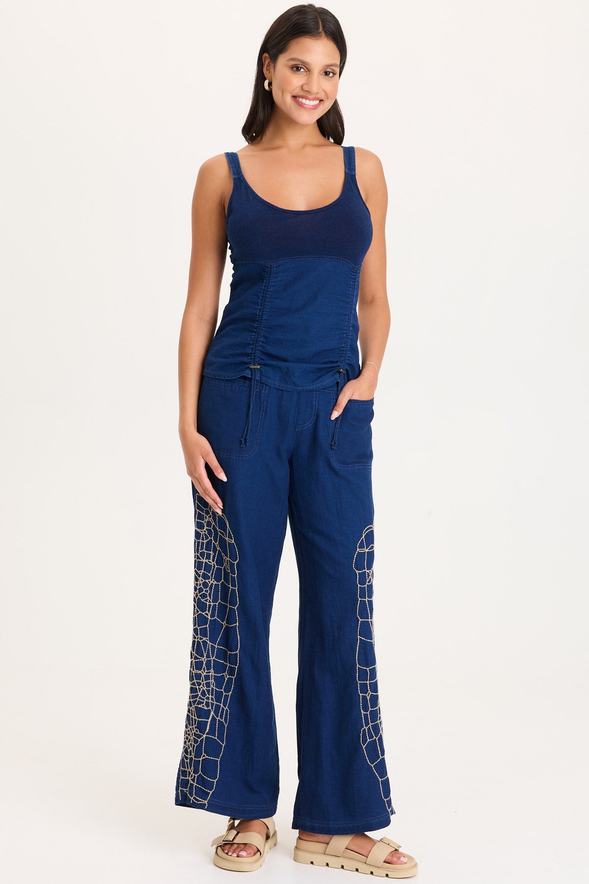 XCVI Bonello Embroidered Mock-Denim Wide-Leg Pant 
