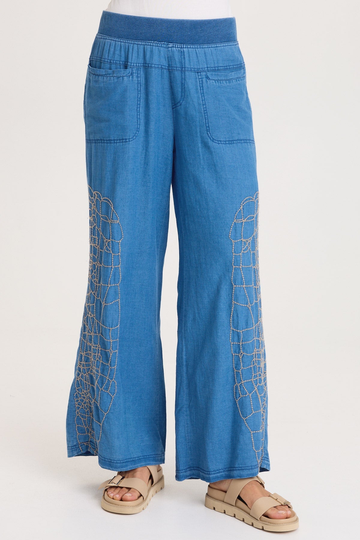 XCVI Bonello Embroidered Mock-Denim Wide-Leg Pant 