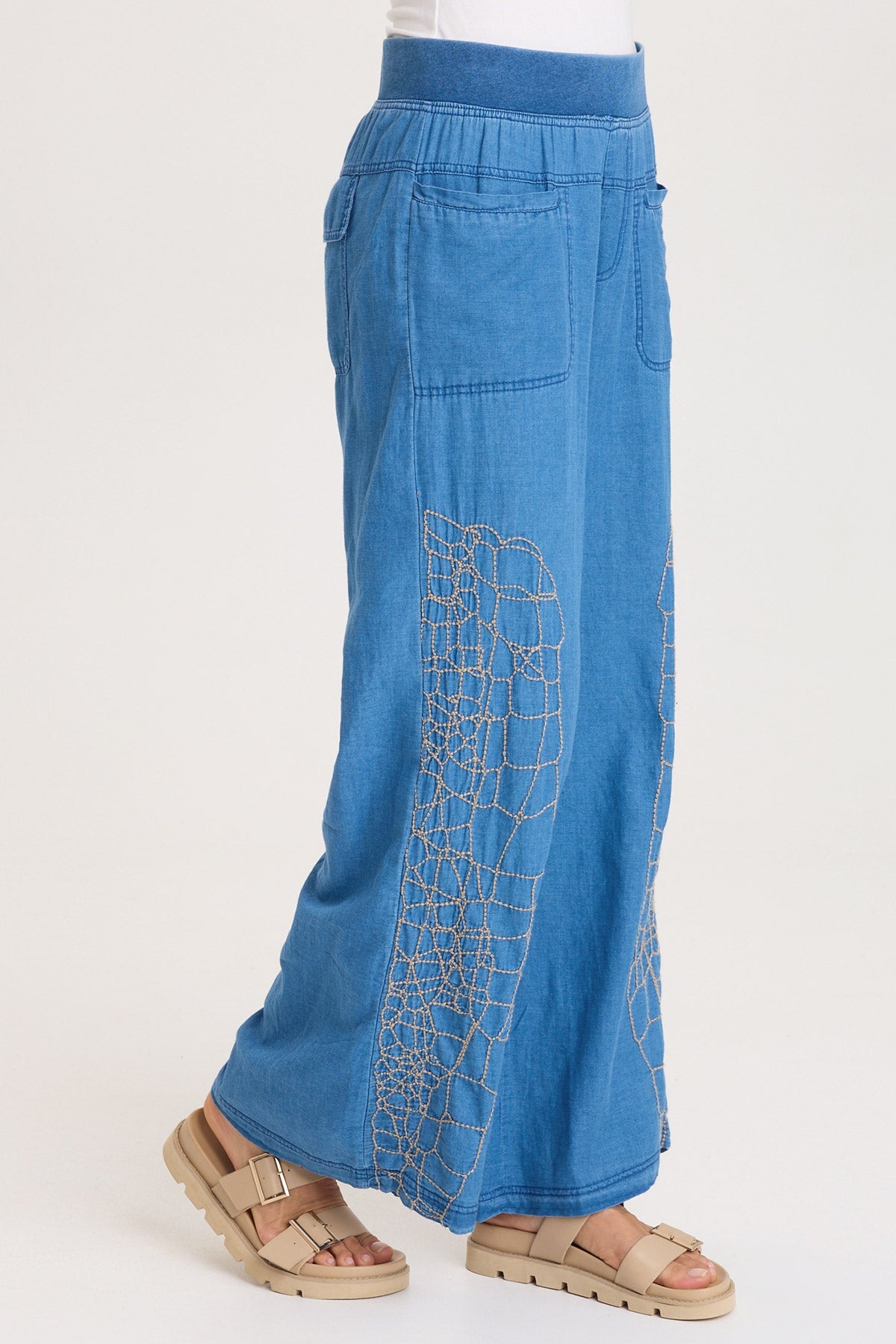 XCVI Bonello Embroidered Mock-Denim Wide-Leg Pant
