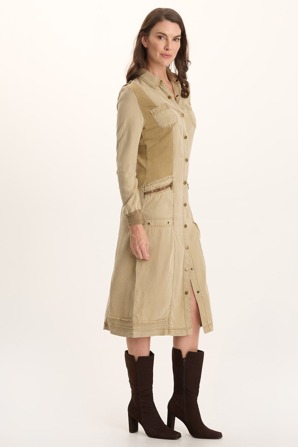 XCVI Oksana Twill/Jersey Snap-Up Midi Dress 